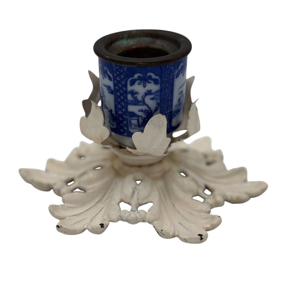 Vintage Cast Iron Blue White Porcelain Candlestick Holder Chinoiserie Landscape